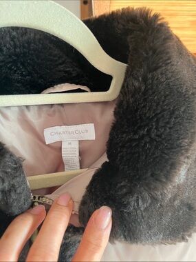 Charter Club Black Faux-Fur Collar Teddy Jacket